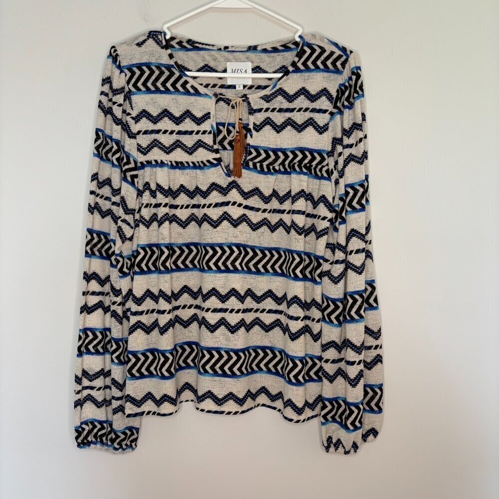 MISA Pullover Top Womens Small Off White Blue Tassel Balloon Sleeve Stretch